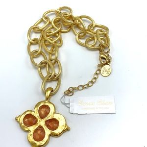 Susan Shaw Gold Clover Pink Quartz Stone Necklace